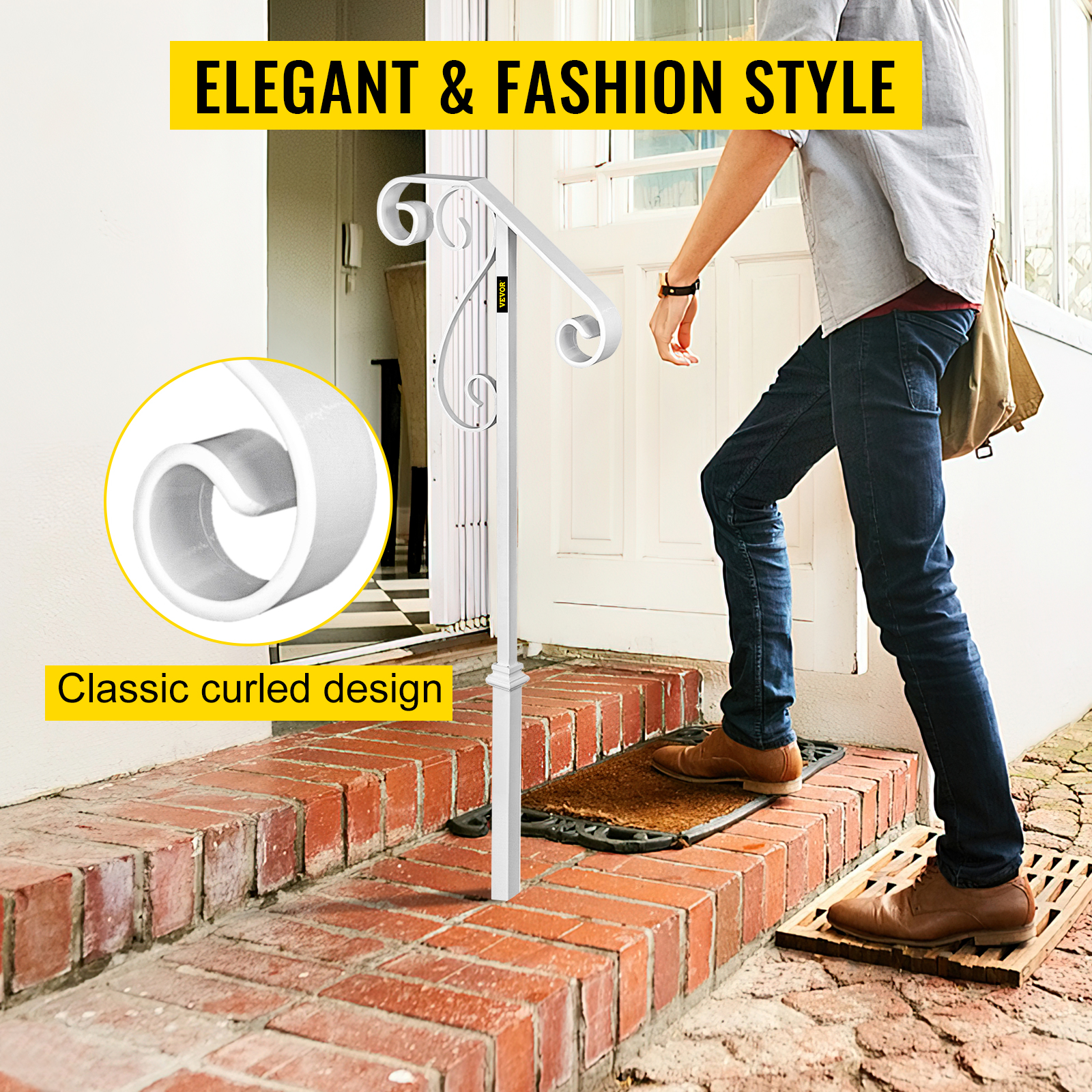 VEVOR Handrails for Outdoor Steps, Fit 1 or 2 Steps Outdoor Stair Railing, Single Post Wrought Iron Handrail Flower Design, White Porch Railings for Concrete Steps or Wooden Stairs Without Base
