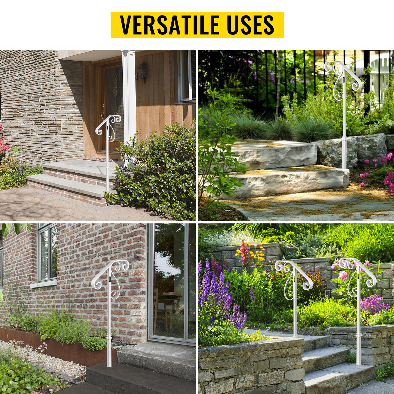 VEVOR Handrails for Outdoor Steps, Fit 1 or 2 Steps Outdoor Stair Railing, Single Post Wrought Iron Handrail Flower Design, White Porch Railings for Concrete Steps or Wooden Stairs Without Base