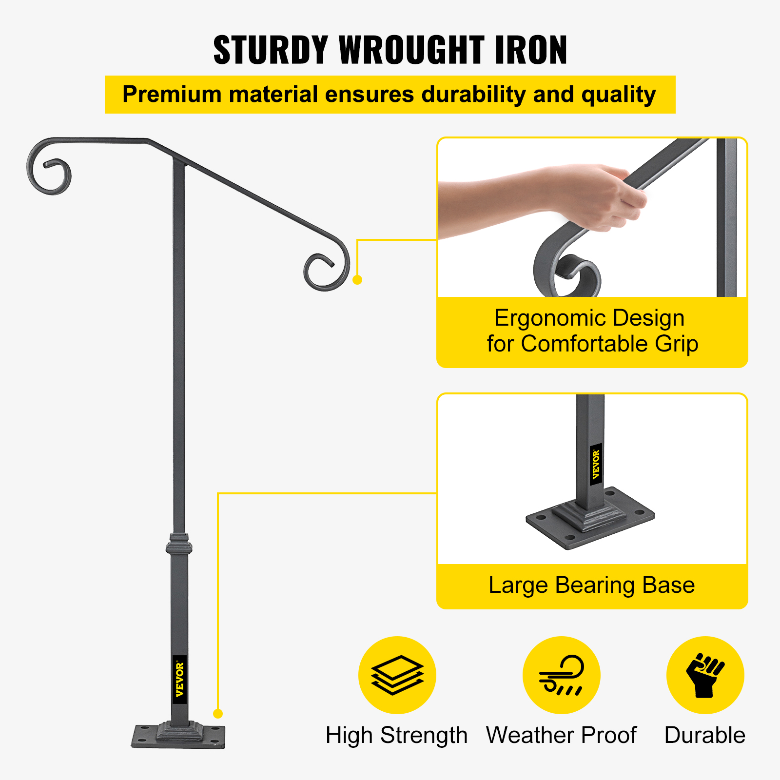 VEVOR Single Post Handrail Wrought Fits 1 or 2 Steps Matte Gray Grab Railing