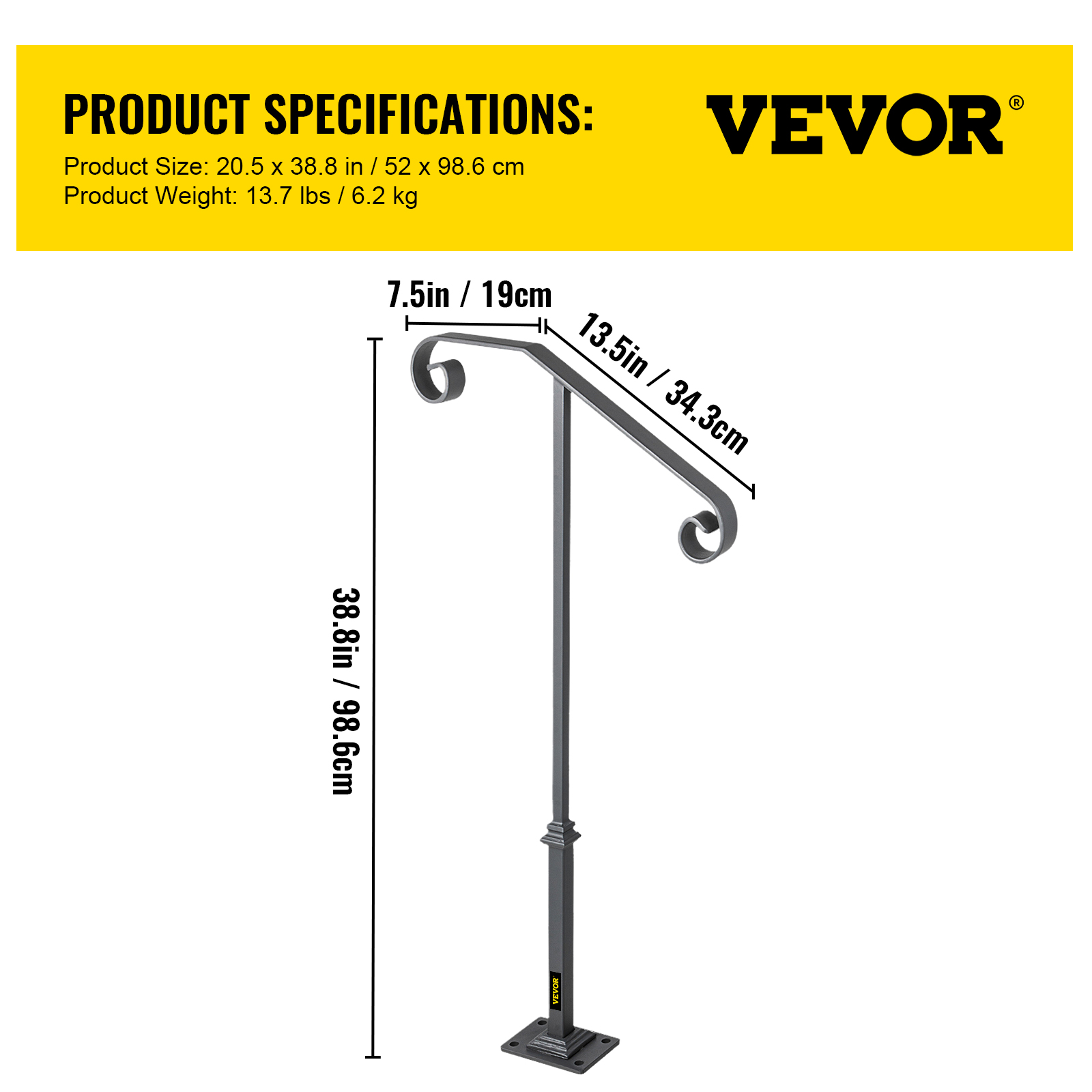 VEVOR Single Post Handrail Wrought Fits 1 or 2 Steps Matte Gray Grab Railing