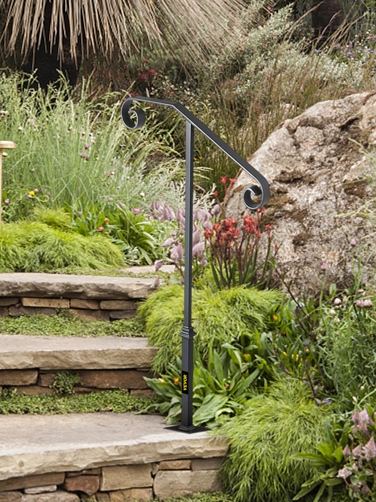 VEVOR Handrails for Outdoor Steps, Fit 1 or 2 Steps Outdoor Stair Railing, Single Post Wrought Iron Handrail, Gray Transitional Porch Railings for Concrete Steps or Wooden Stairs with Base