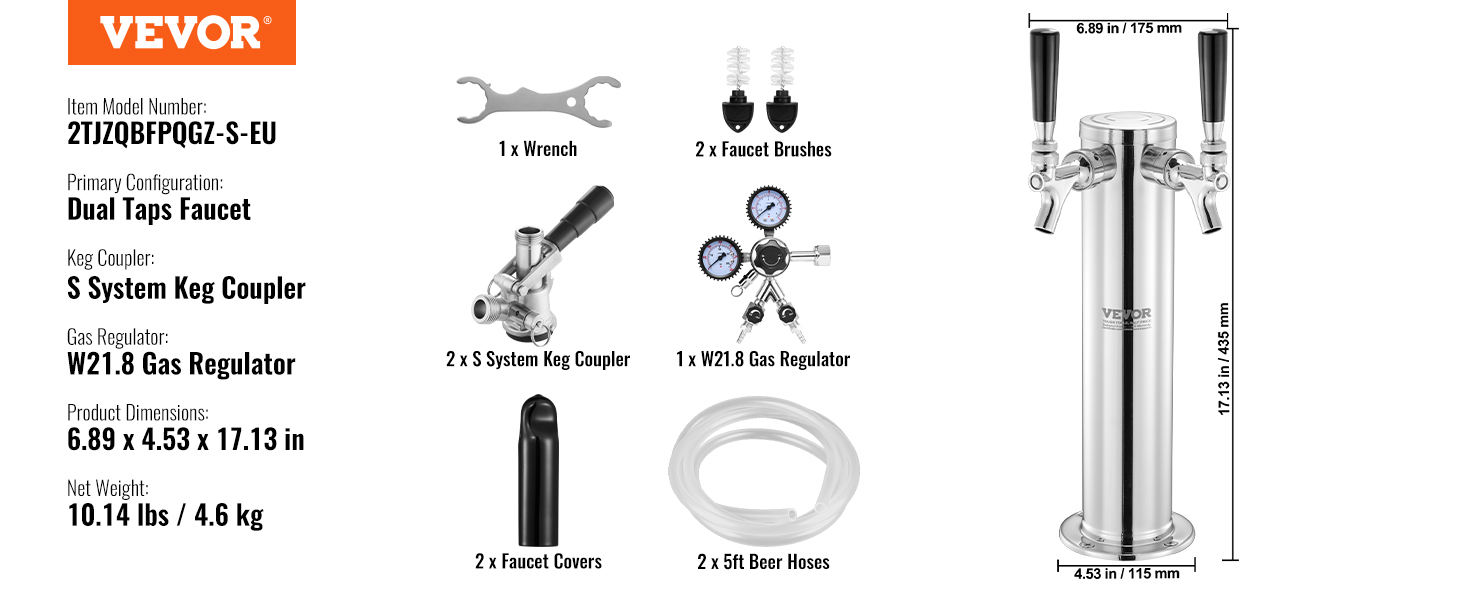 VEVOR Kegerator Tower Kit, Konverzní sada na pivo se dvěma kohoutky, Nerezový sudový stojan na pivo s regulátorem W21.8 s dvojitým kalibrem a spojkou S-System pro party Home