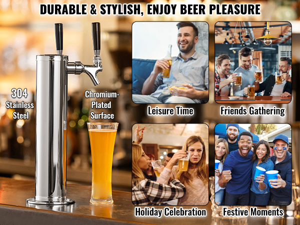 VEVOR Kegerator Tower Kit, Bierombouwset Met 2 Kranen Roestvrijstalen Biertorendispenser Met Dubbele Meter W218 Regelaar En S Systeem Kegkoppeling Bierlekbak Voor Thuisfeesten