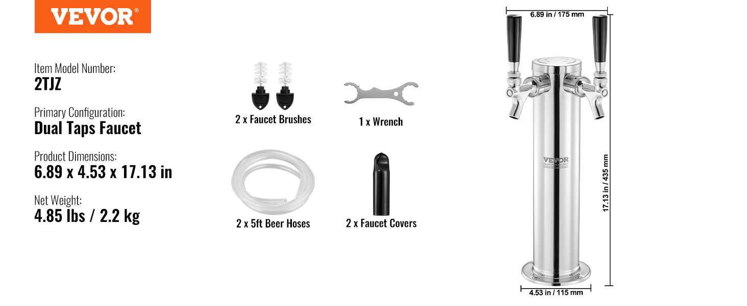 VEVOR dual taps draft beer tower with dimensions, weight, included brushes, hoses, wrench, and faucet covers.