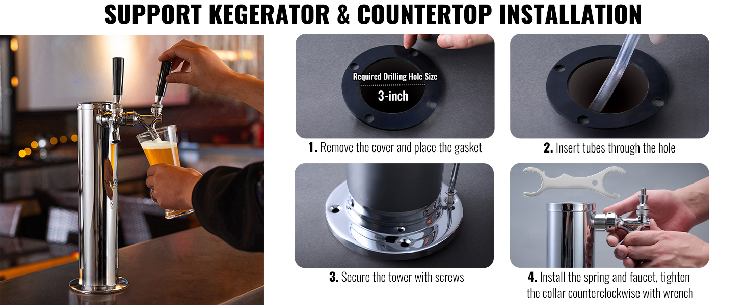 VEVOR dual taps draft beer tower installation guide for kegerators and countertops, demonstrating easy steps.