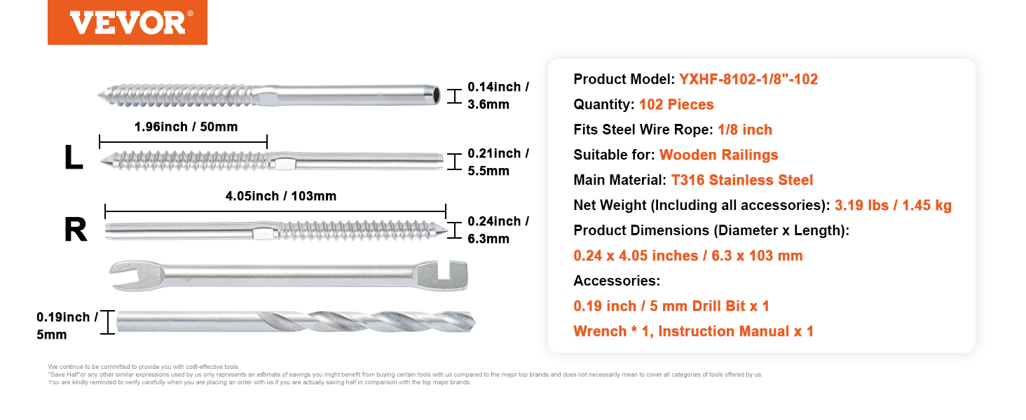 VEVOR 102 Pack Kabelové zábradlí Kované závitové napínací šroub Koncovka pro 3,2 mm kabelové zábradlí paluby, T316 Nerezová ocel, Napínač kabelového zábradlí 3,2 mm pro dřevěný/kovový sloupek, stříbrná