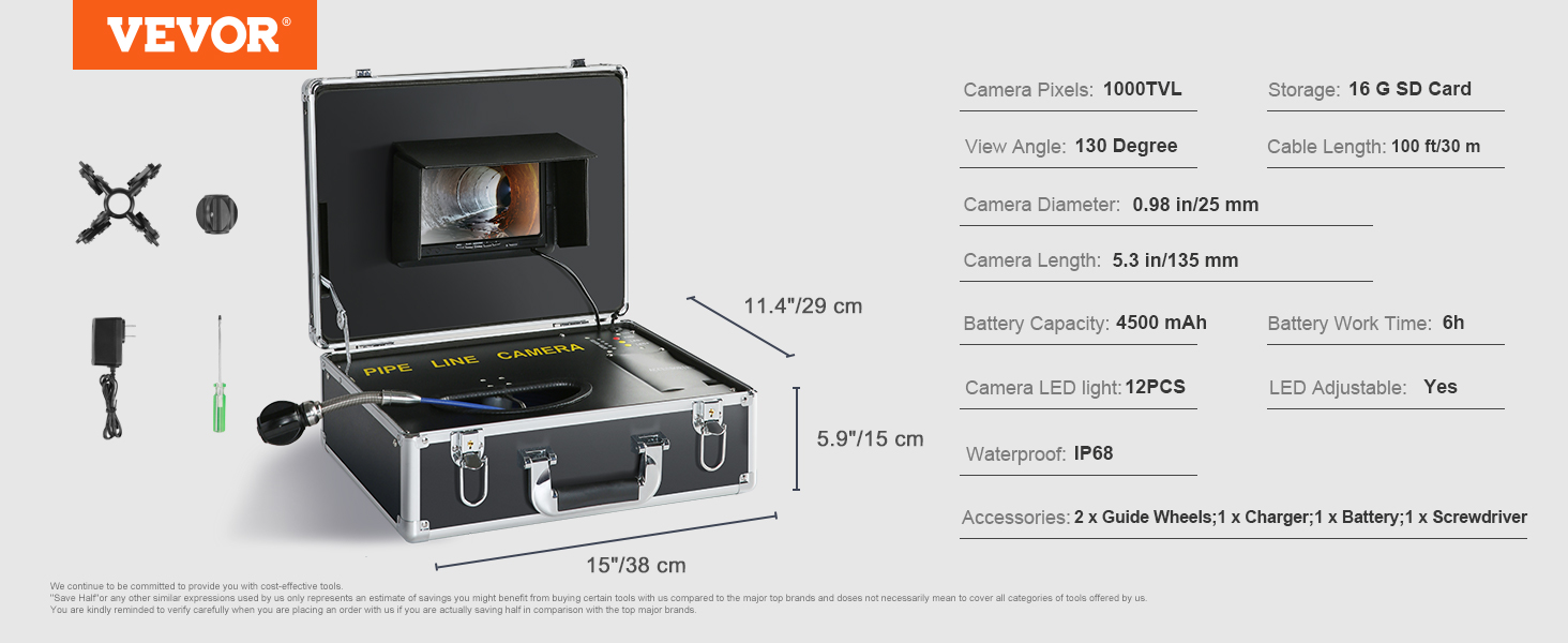 VEVOR sewer camera in a protective case with a 1000tvl camera, 100ft cable, monitor, guide wheels, charger.