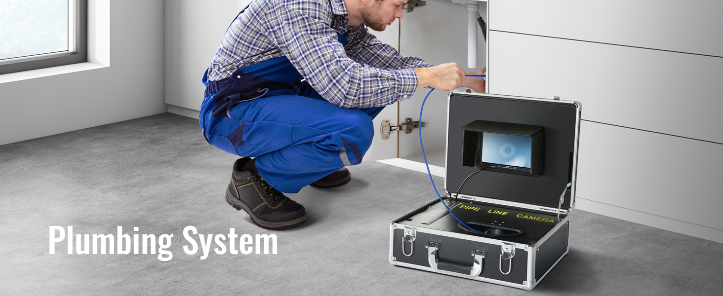 plumber using VEVOR sewer camera to inspect plumbing system under sink, with professional tools open.