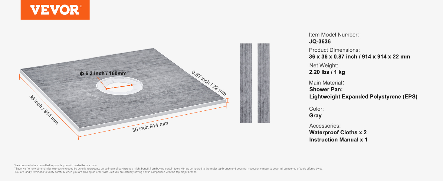 VEVOR Súprava sprchového obrubníka, 914 x 914 mm Súprava sprchovej vaničky so 160 mm centrálnym odtokom, Ľahká EPS sada pre inštaláciu sprchy s 2 vodeodolnými utierkami, Spádové tyče sprchovej vaničky vhodné do kúpeľne