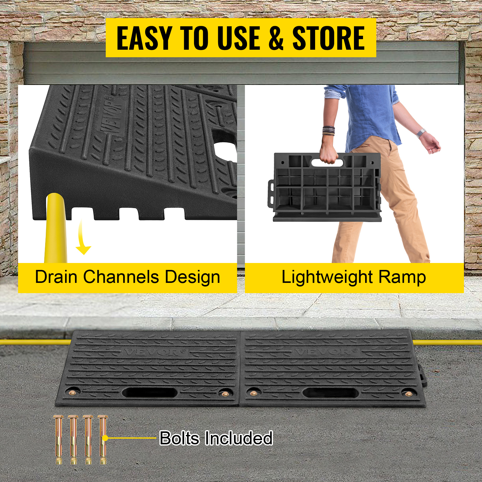 VEVOR Rubber Threshold Ramp, 2 Packs 1 Channel Doorway Ramp, 4" Rise
