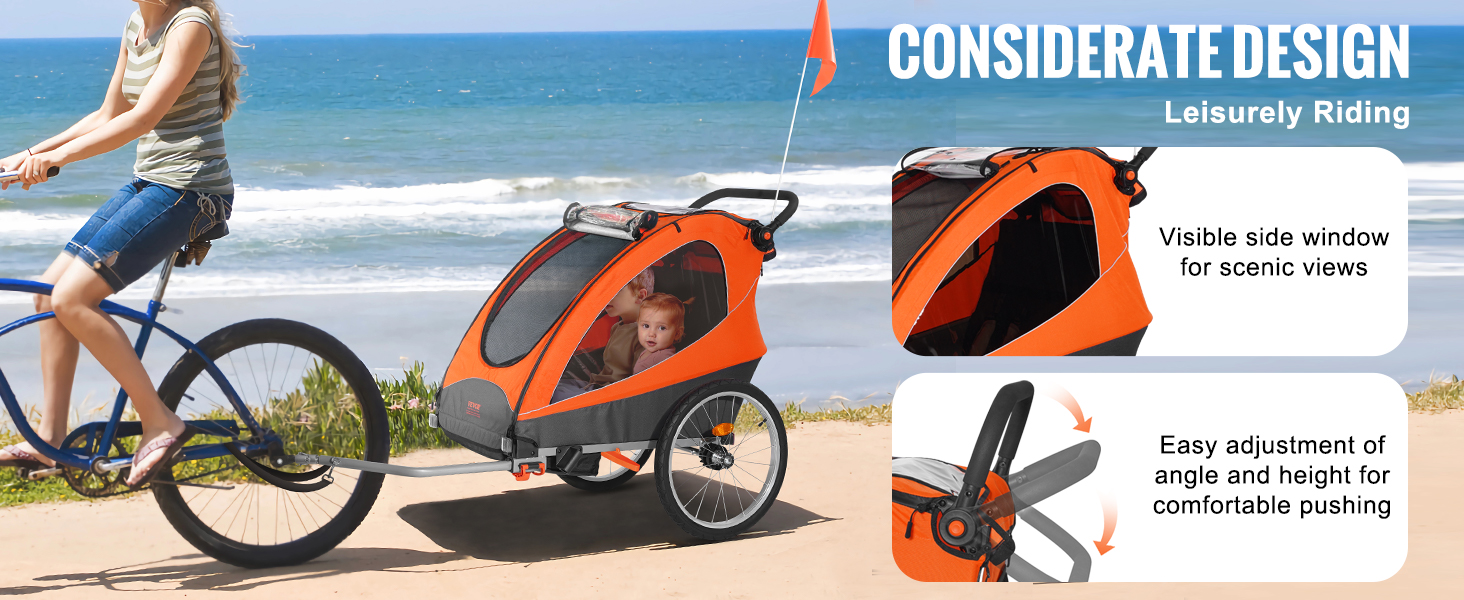 VEVOR Bike Trailer for Toddlers, Kids, Double Seat, 100 lbs Load, 2-In-1  Canopy Carrier Converts to Stroller, Tow Behind Foldable Child Bicycle  Trailer with Universal Bicycle Coupler, Orange and Gray