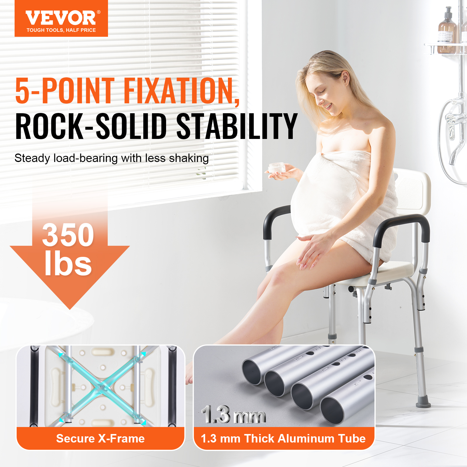 VEVOR Shower Chair Bath Bench Seat Stool with Back Arms Adjustable Height 350lbs