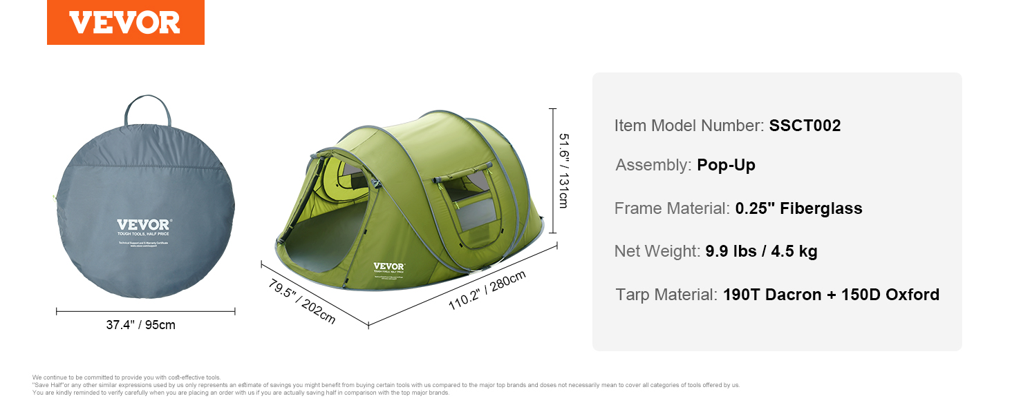 VEVOR kemping sátor 4 személyes pop-up sátor 280 x 202 x 131 cm kupola sátorponyva 190T Dacronból + 150D Oxford keret 6,35 mm-es üvegszálas trekking sátor fesztiválsátor zöld ideális kemping fesztiválokhoz