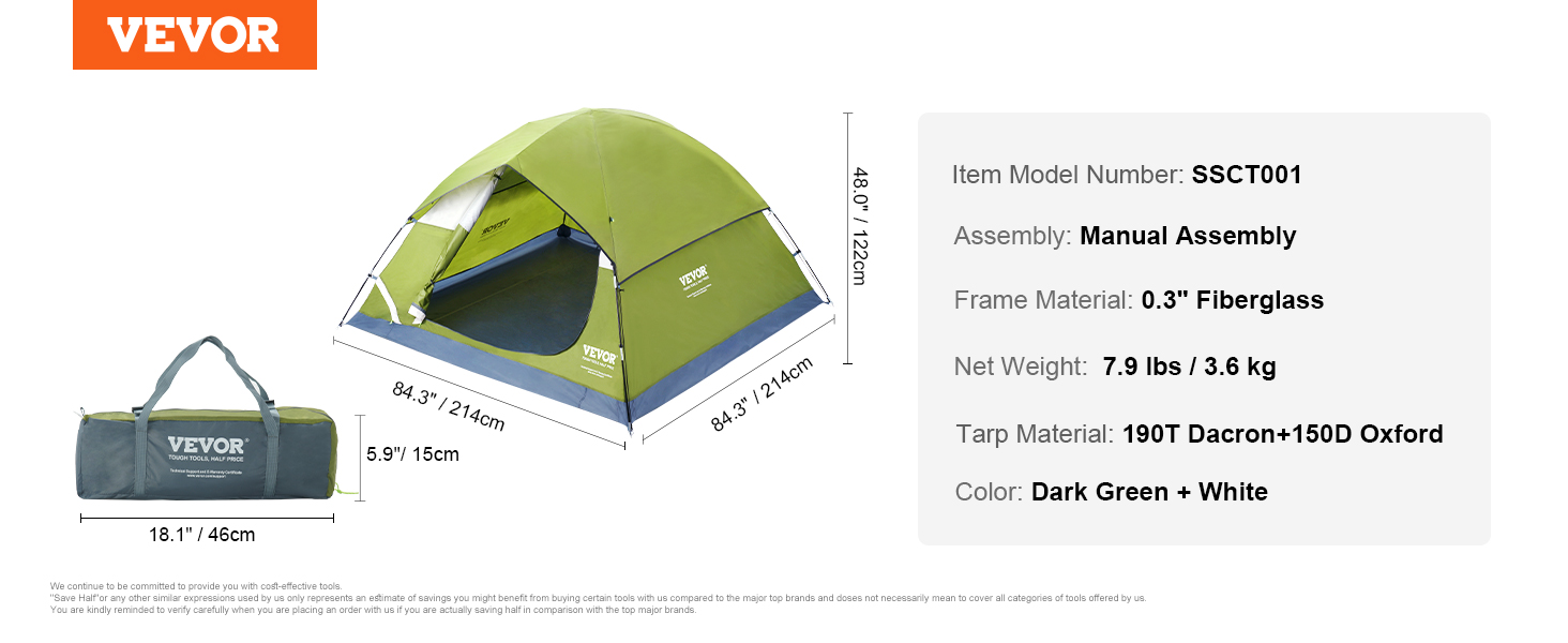 VEVOR kempingsátor 3 személyes pop-up sátor 214 x 214 x 122 cm kupola sátorponyva 190T Dacronból + 150D Oxford keret 7,62 mm-es üvegszálas trekking sátor fesztiválsátor zöld ideális kemping fesztiválokhoz