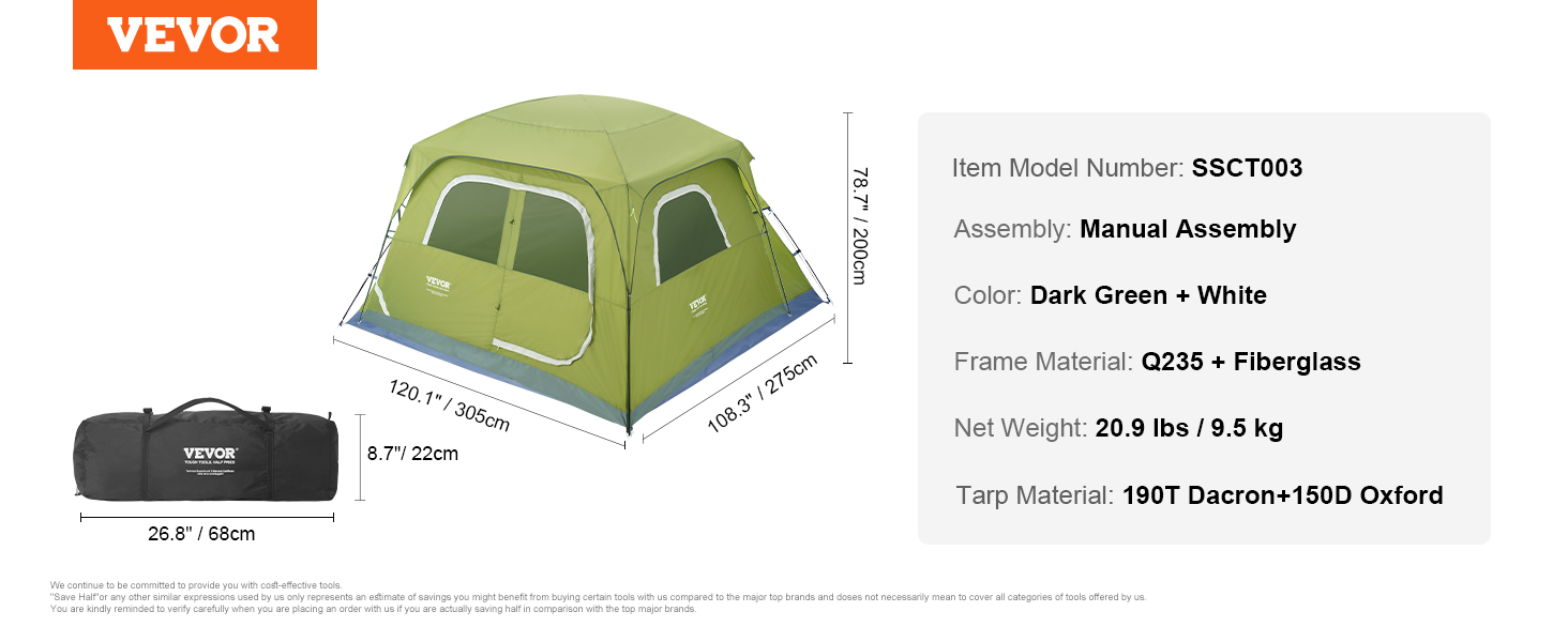 VEVOR kemping sátor 6 személyes pop-up sátor 305x275x200cm kupola sátorponyva 190T Dacron + 150D Oxford keret Q235 + üvegszálas trekking sátor fesztivál sátor sátor két ajtóval és három ablakkal zöld