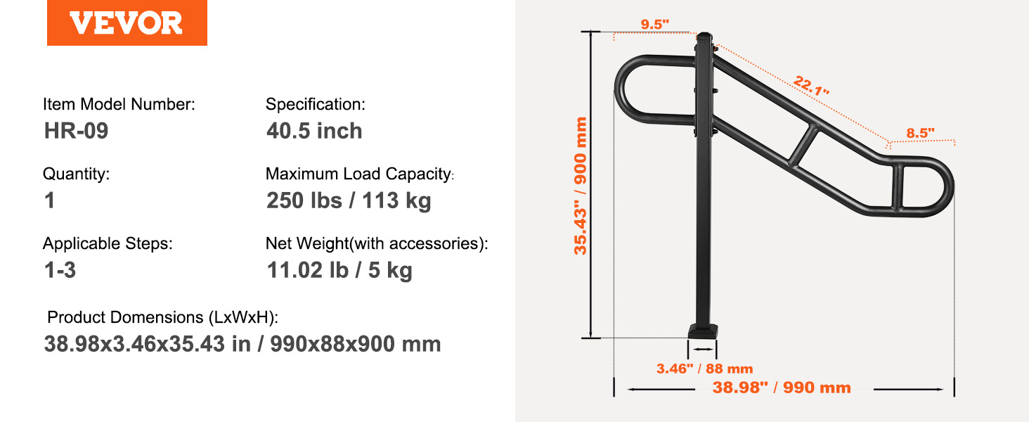 Single Post Handrail,1029 mm ,1-3 Steps