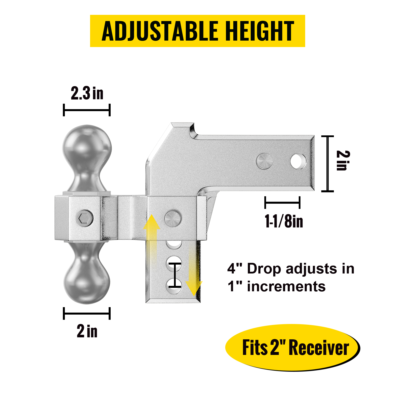 VEVOR Adjustable Trailer Hitch, Fits 2" Receiver, 4" Drop Ball Mount Hitch w/ Forged Aluminum Shank & Two Iron Balls, 12500 LBS Towing Capacity for Most Common Needs, Dual Locking Pins Included