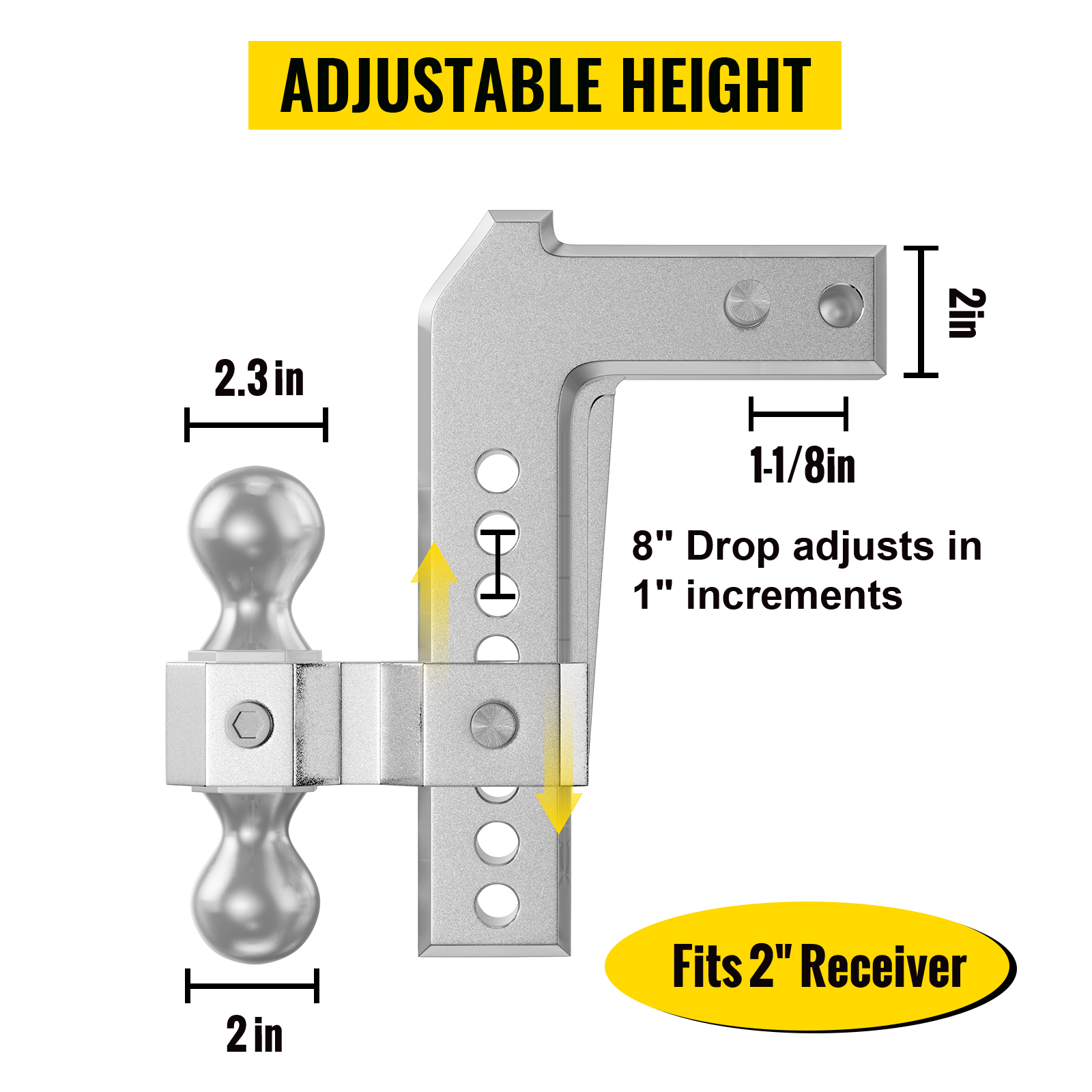 VEVOR Adjustable Trailer Hitch, Fits 2" Receiver, 8" Drop Ball Mount