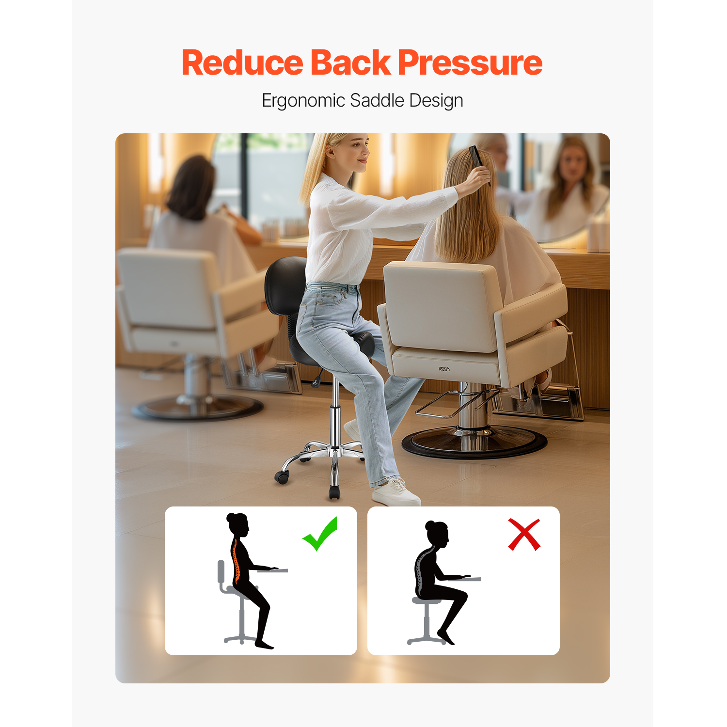 Uimoso Adjustable Saddle Stool with Wheels and Backrest, PU Leather, Black/White