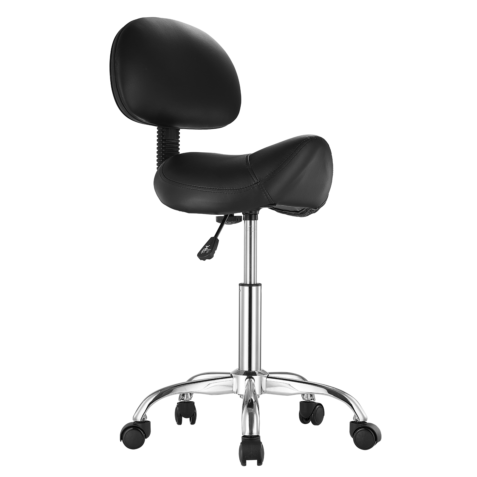 Uimoso Adjustable Saddle Stool with Wheels and Backrest, PU Leather, Black/White
