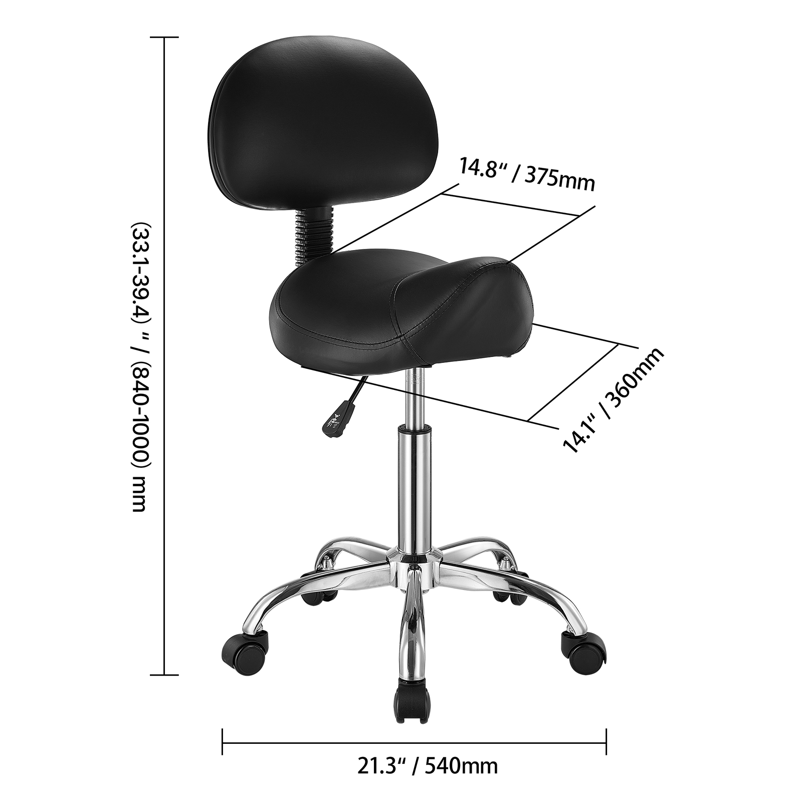 Uimoso Adjustable Saddle Stool with Wheels and Backrest, PU Leather, Black/White