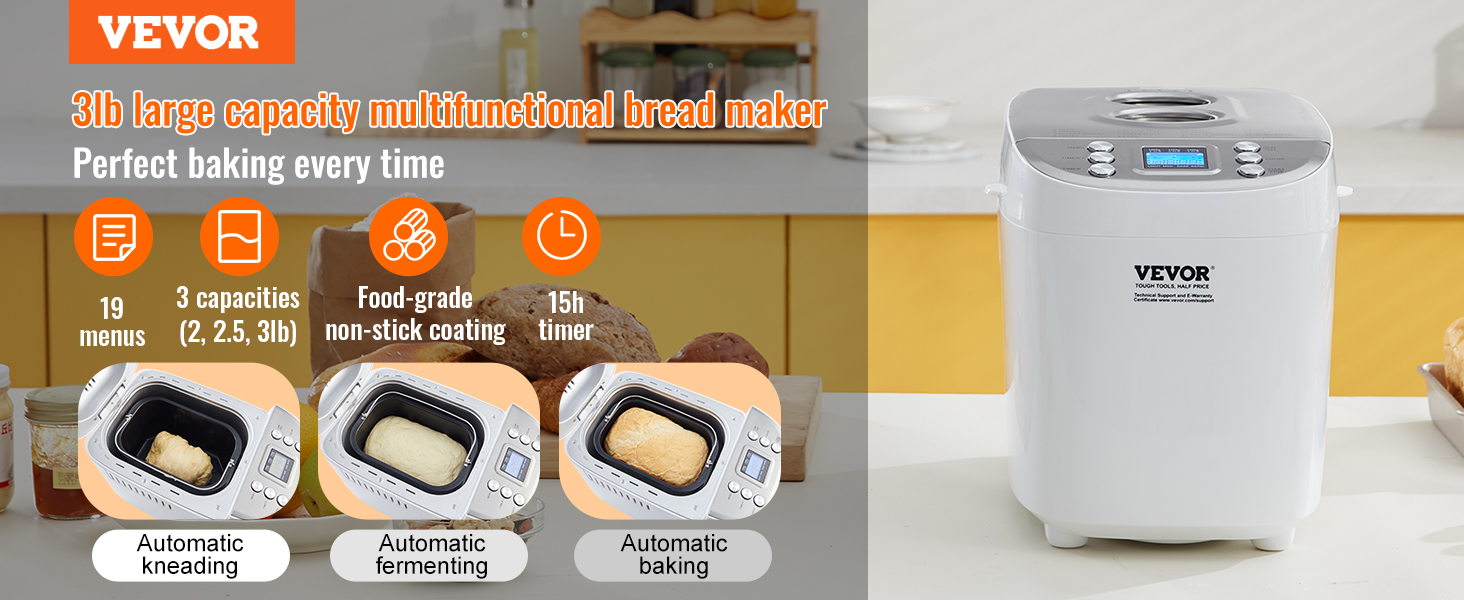 Moosoo 3.5 LB Bread Maker, 15 in 1 Auto Bread Machine with Gluten Free  Setting, LED Display, 15 Hours Timer Delay, White