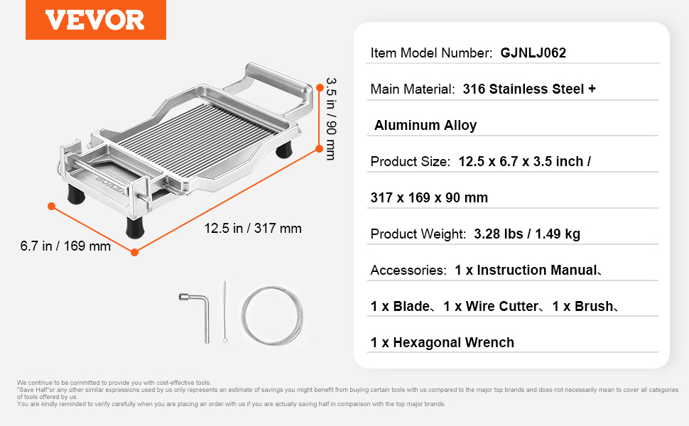 VEVOR cheese slicer with dimensions, weight, and accessories list on a product specification sheet.