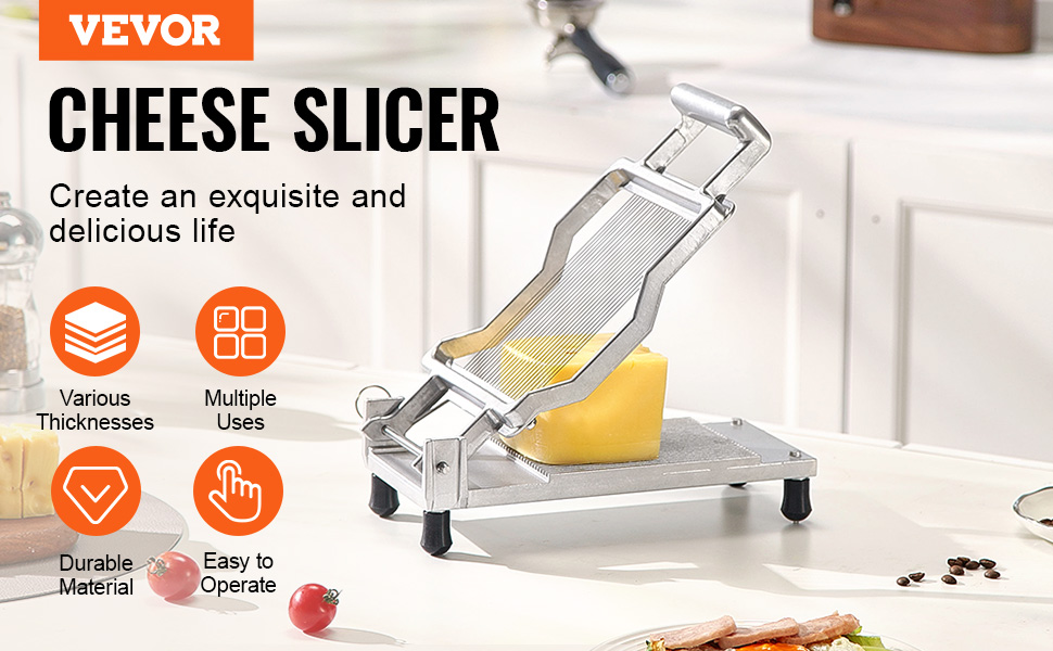 VEVOR cheese slicer in a kitchen setting with features: various thicknesses, multiple uses, durable, easy to operate.