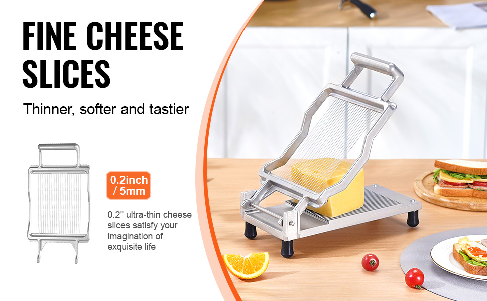 VEVOR cheese slicer with 0.2-inch adjustable wire, creating ultra-thin, soft, and tasty cheese slices.