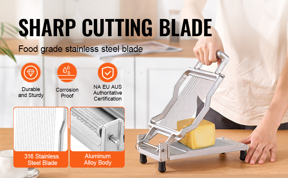 person using VEVOR cheese slicer with stainless steel blade and aluminum alloy body on wooden counter.