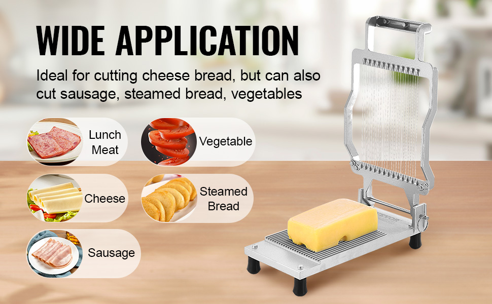 VEVOR cheese slicer cutting cheese, lunch meat, steamed bread, sausage, and vegetables. wide application.