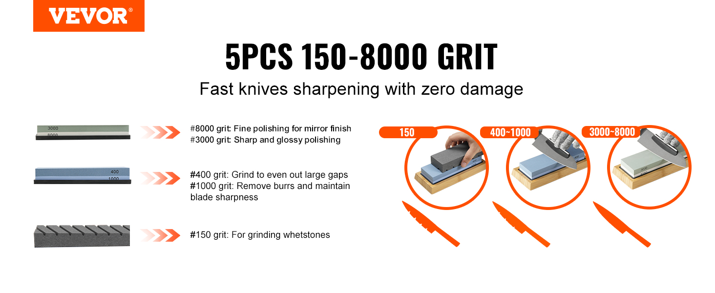 VEVOR Whetstone Knife Sharpening Kit, 2 Dual-Sided Grit Whetstones 400/1000  3000/8000, 10PCS Knife Sharpener Kit with 3 Non-Slip Bases, Angle & Honing