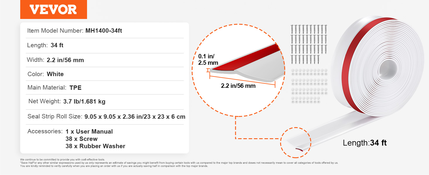 Garage door seal,34 ft,white