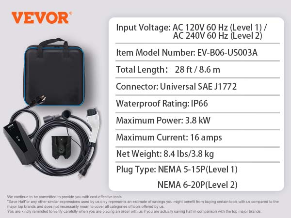 VEVOR Portable EV Charger EV Car Charging Cable 16Amp Level 1&2 NEMA  6-20P/5-15P