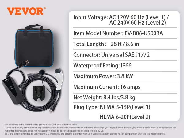 VEVOR Level 1+2 EV Charger 16 Amp 120/240V Electric Vehicle Charger with 28  ft. Charging Cable NEMA 6-20P & NEMA 5-15 Adapter MGBXCDQJ1216AD1S9V5 - The  Home Depot