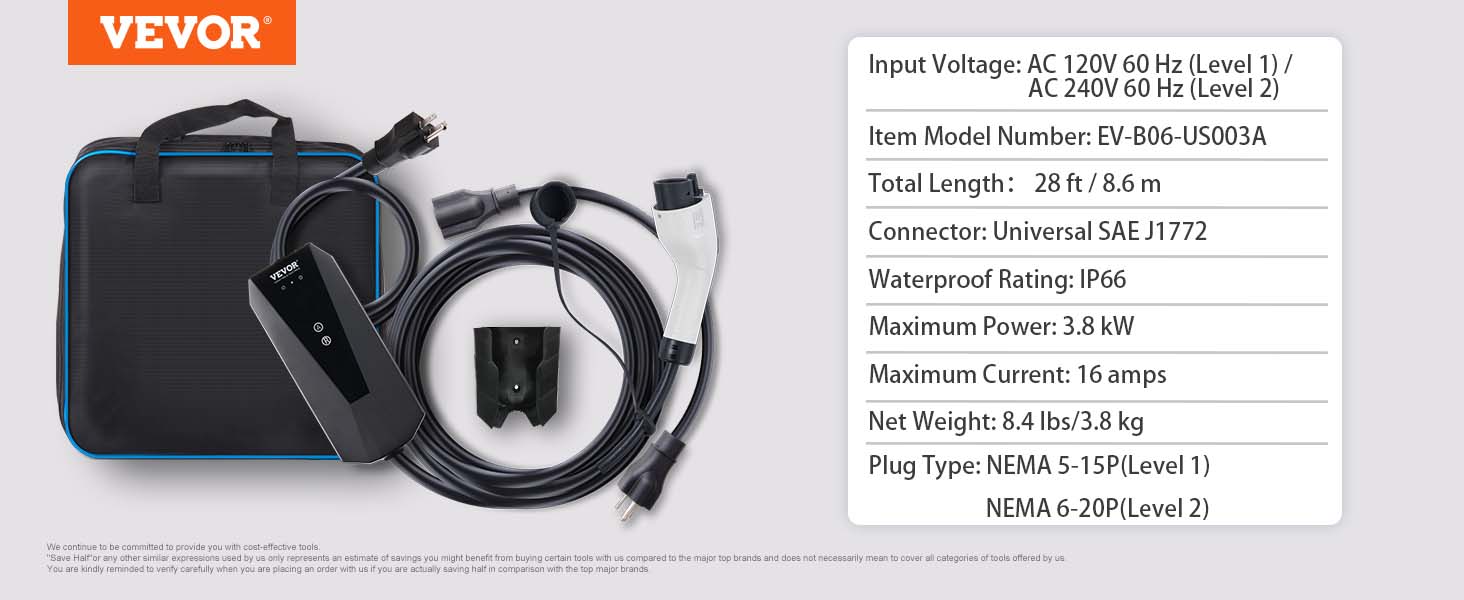 VEVOR Portable EV Charger EV Car Charging Cable 16Amp Level 1&2