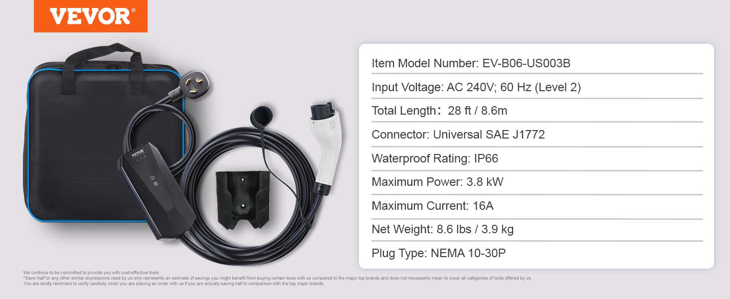VEVOR Level 2 EV Charger, 16 Amp 110V-240V 3.84 kW, Portable