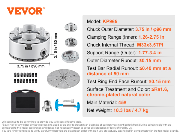 VEVOR KP965 Lathe Chuck, 4-Jaw 96 mm Diameter, Metal Lathe Chuck