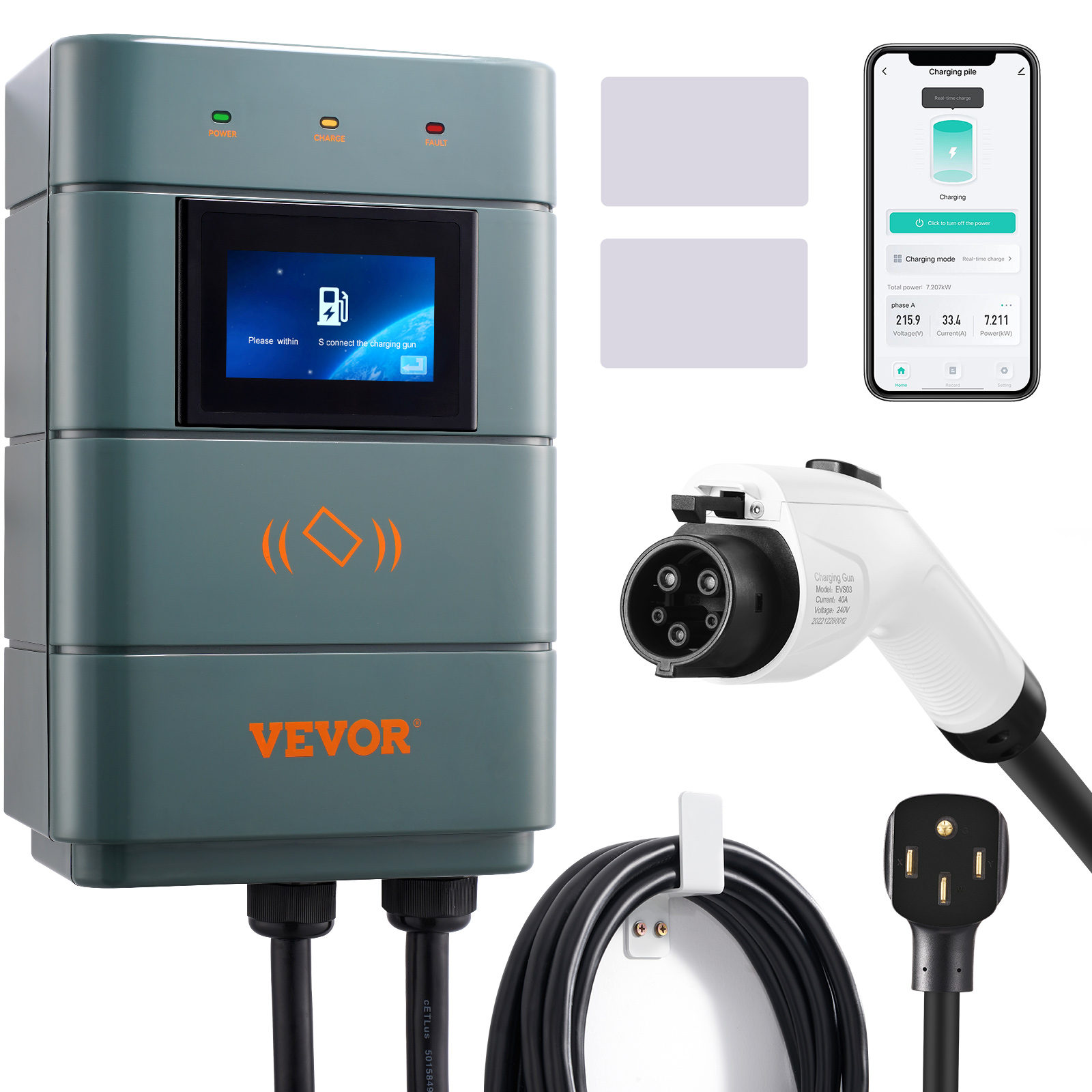 VEVOR Level 2 Electric Vehicle Charging Station, 0-48A Adjustable, 11.5 KW 240V NEMA 6-50 Plug Smart EV Charger with Wifi, 24-Foot TPE Charging