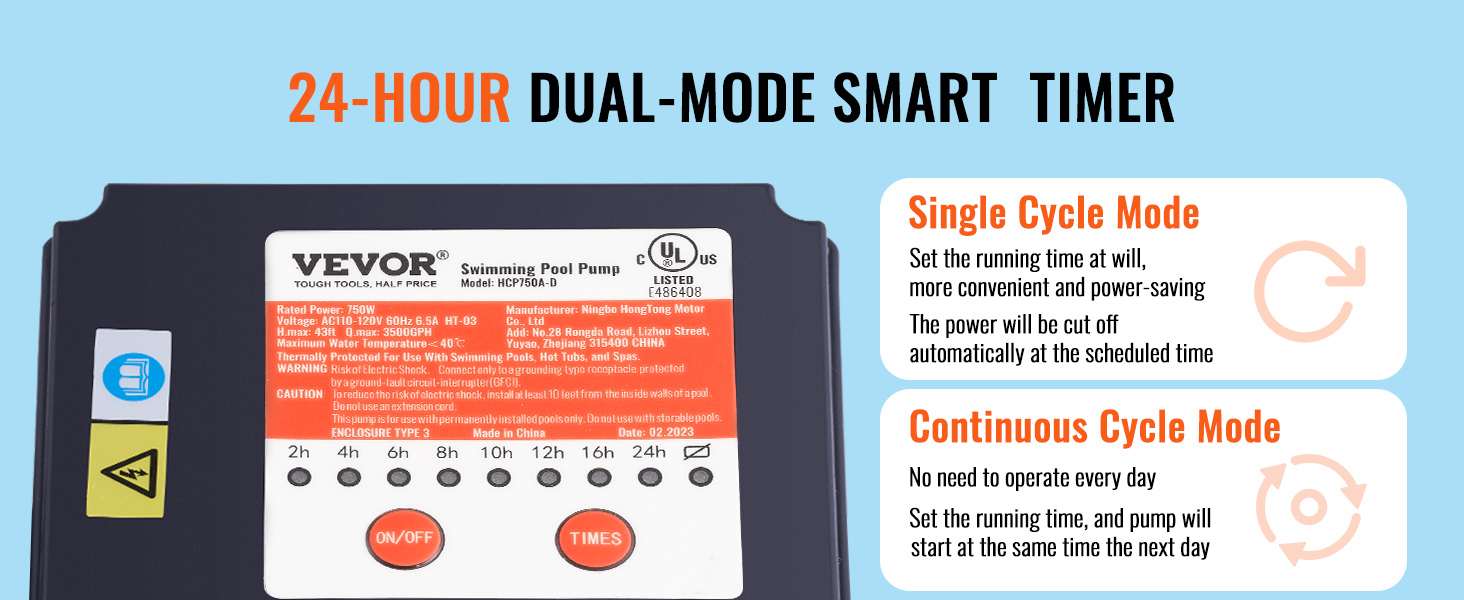 VEVOR sand filter pump with 24-hour dual-mode smart timer, featuring single and continuous cycle modes.