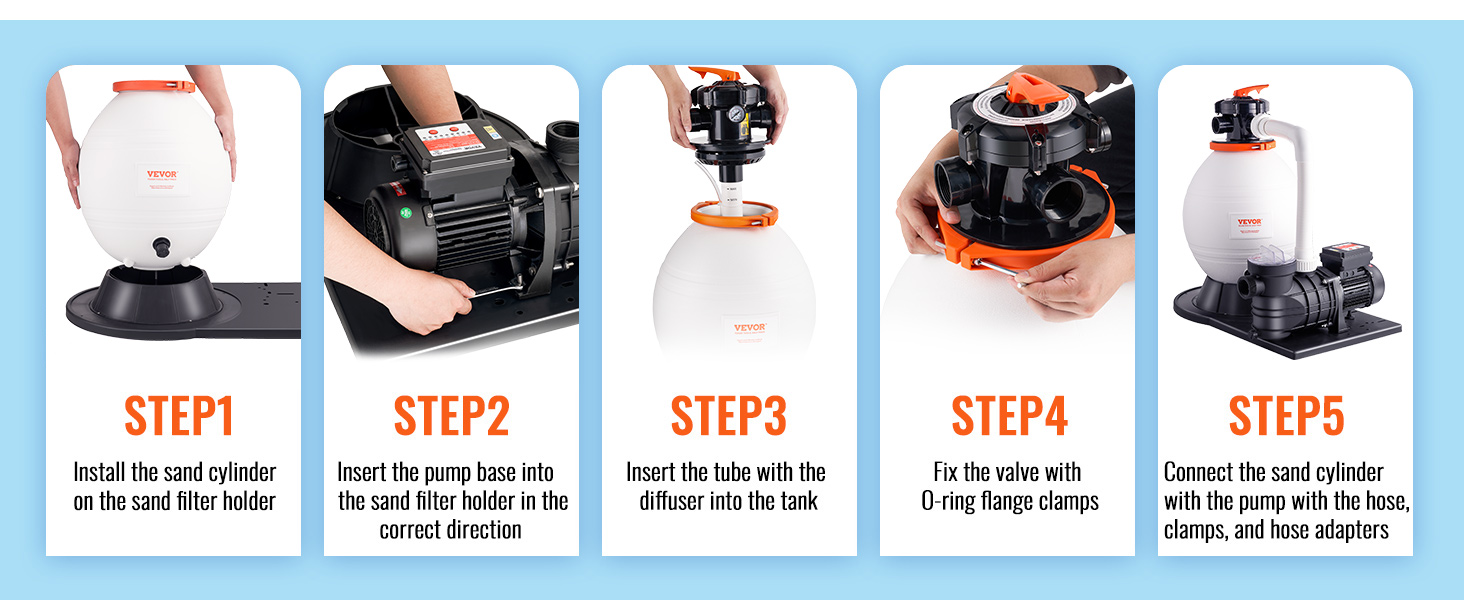 VEVOR sand filter pump assembly steps with images from installing the sand cylinder to connecting the pump.