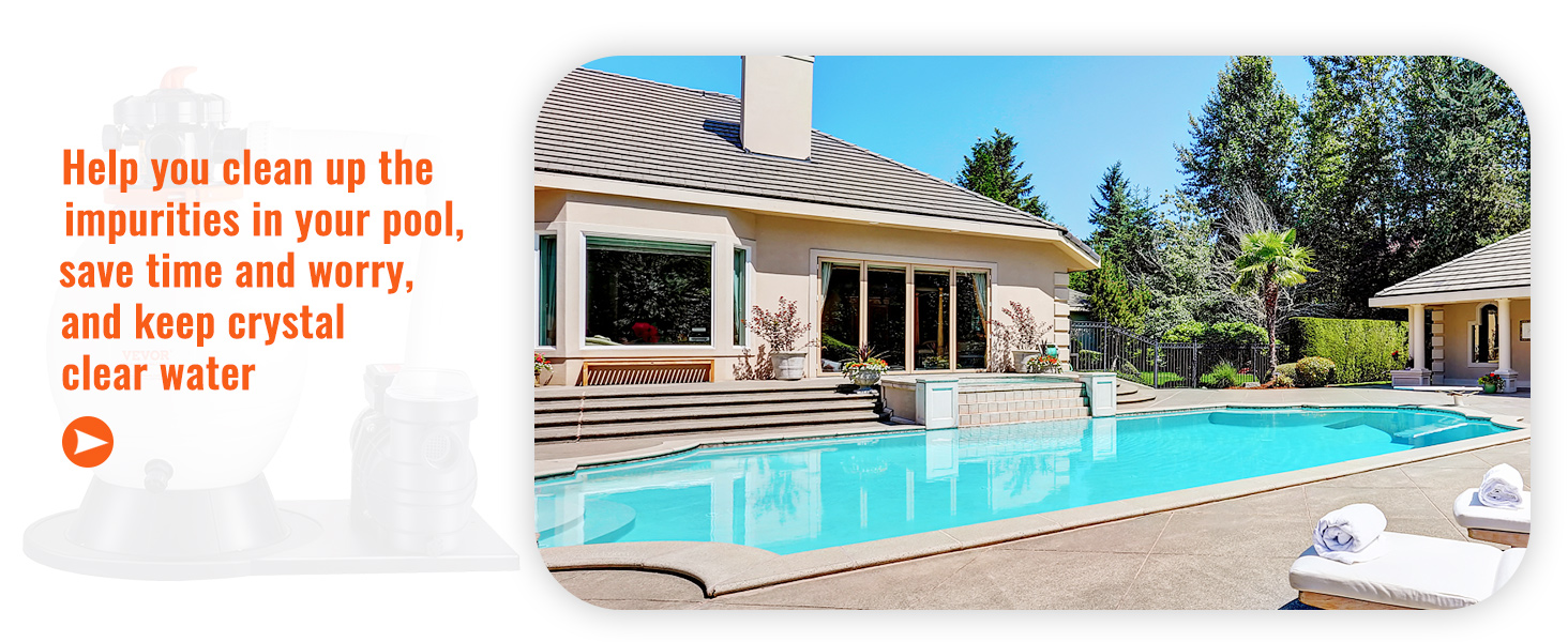 beautiful modern poolside setup with a clean, clear pool using a VEVOR sand filter pump.