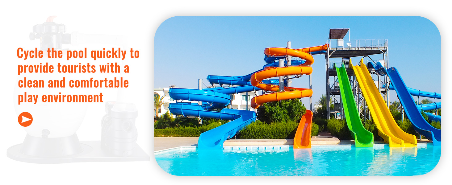 colorful water slides with a clear pool, highlighting the VEVOR sand filter pump for a clean play area.