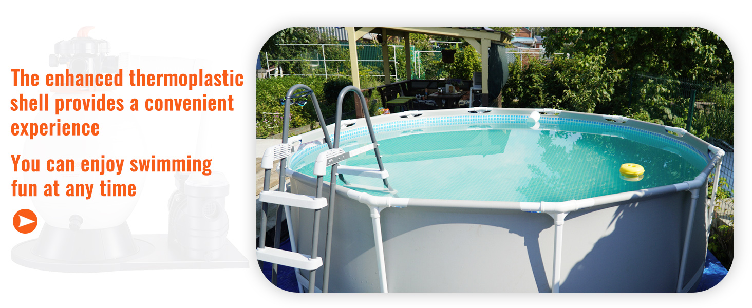 round above-ground pool with ladder, VEVOR sand filter pump, text highlights enhanced thermoplastic shell