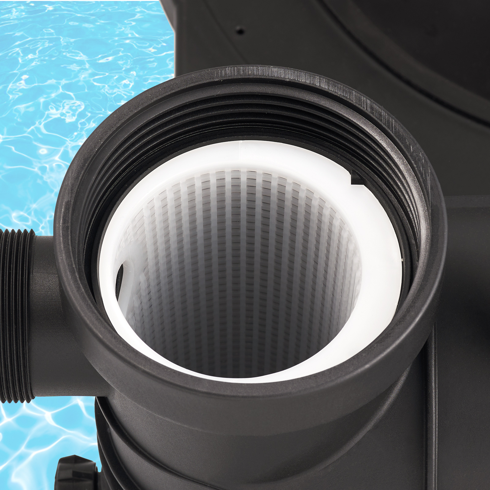 VEVOR sand filter pump with close-up of filter cartridge and swimming pool water background.