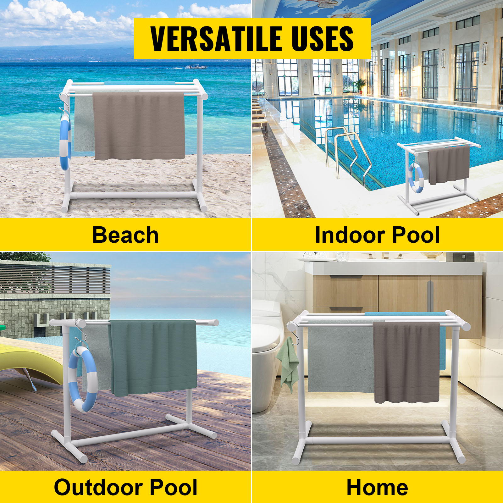 VEVOR Pool Towel Rack, 5 Bar, White, Freestanding Outdoor PVC T-Shape ...