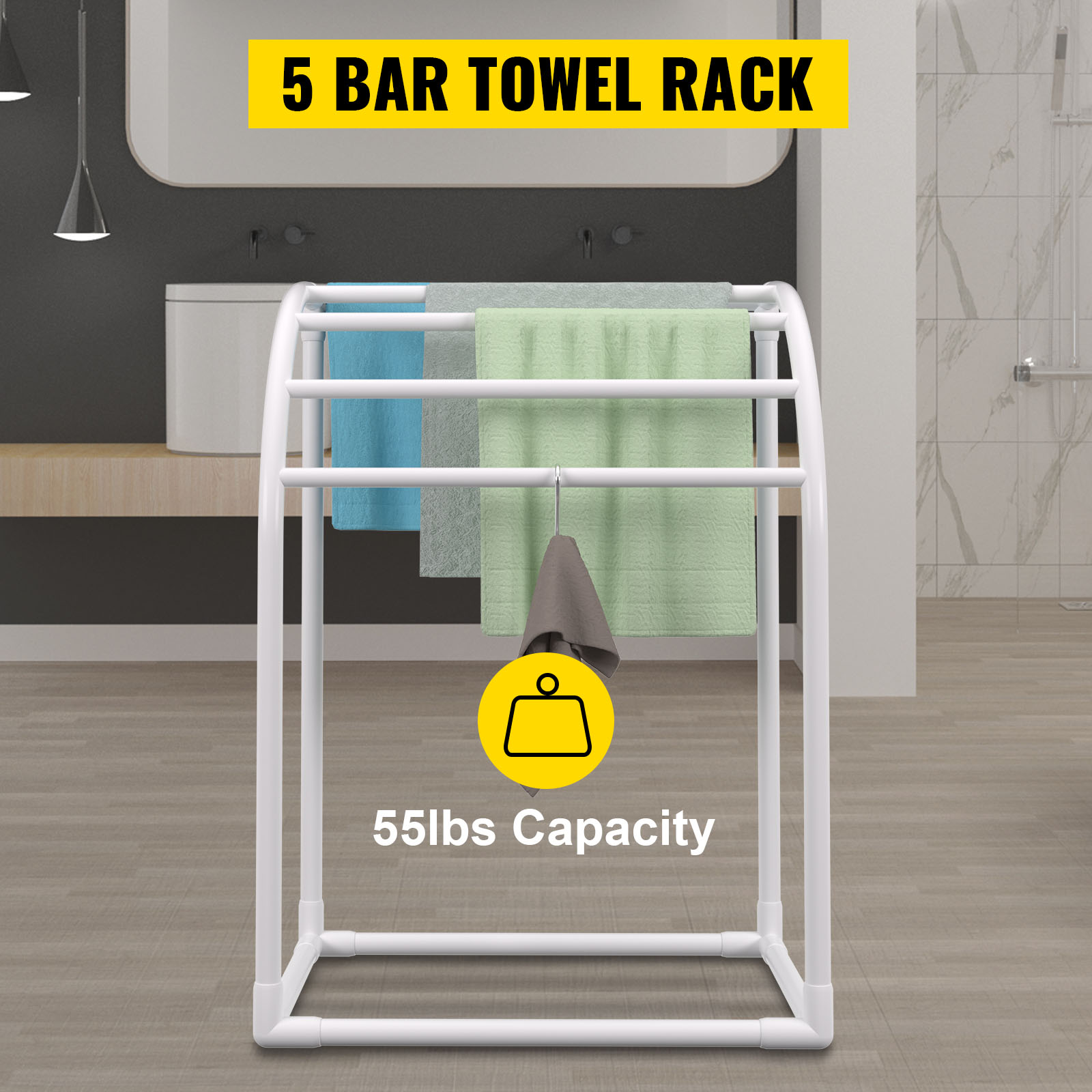VEVOR Pool Towel Rack, 5 Bar, Milky, Freestanding Outdoor PVC Curved Poolside Storage Organizer, Include 8 Towel Clips, Mesh Bag, Hook, Also Stores Floats and Paddles, for Beach, Swimming Pool, Home