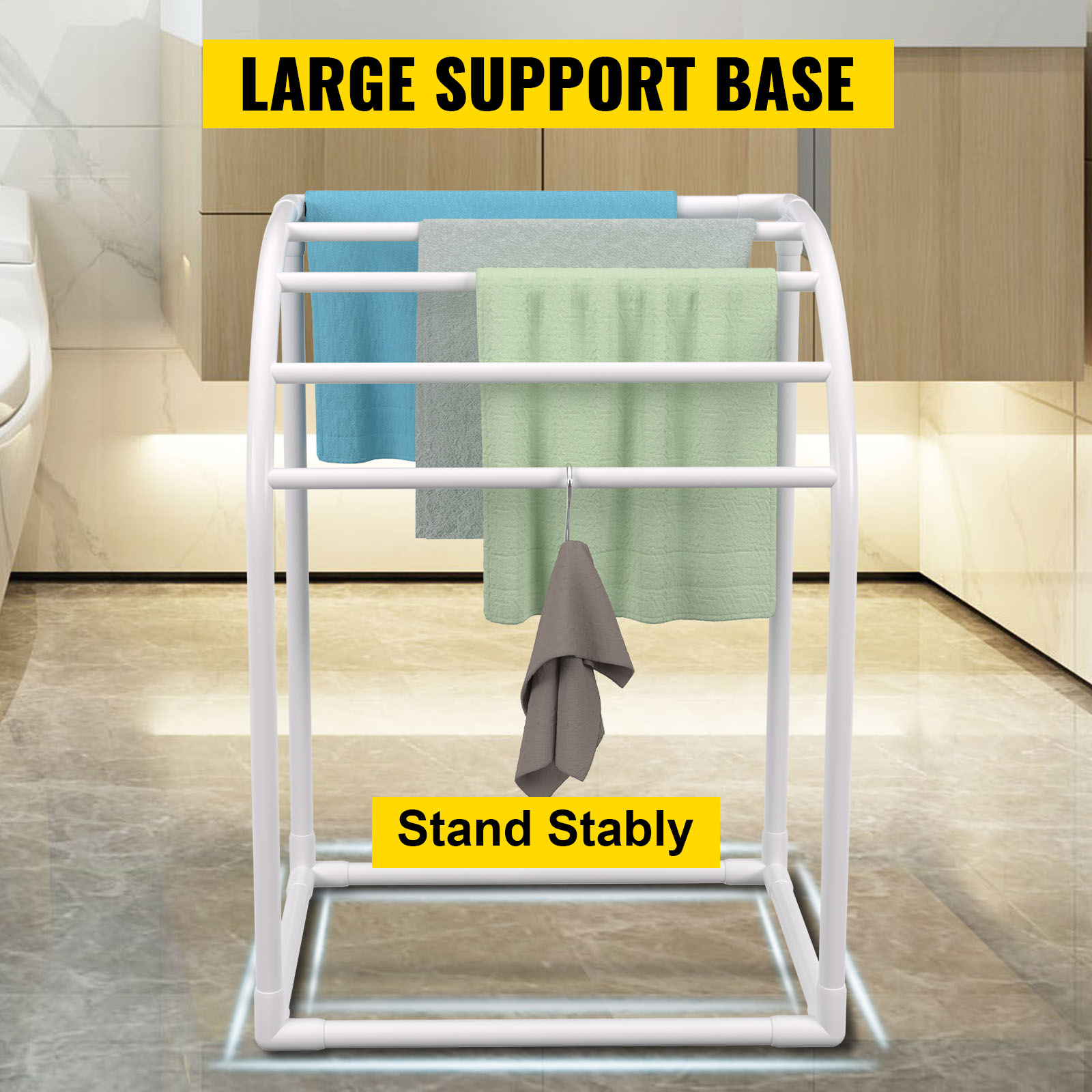 VEVOR Pool Towel Rack, 5 Bar, Milky, Freestanding Outdoor PVC Curved Poolside Storage Organizer, Include 8 Towel Clips, Mesh Bag, Hook, Also Stores Floats and Paddles, for Beach, Swimming Pool, Home