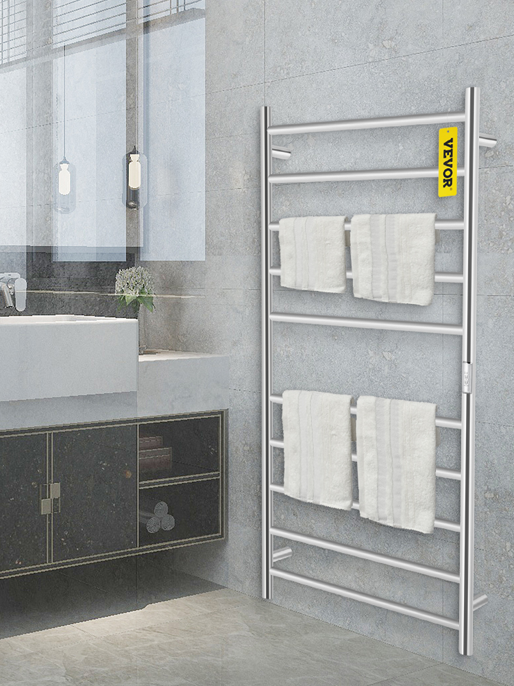 VEVOR Heated Towel Rack, 10-Bar Towel Warmer Rack, Wall Mounted Electric Towel Warmer, Electric Towel Drying Rack with Timer, Polished Stainless Steel Heated Towel Warmer for Bath, Plug-in/Hardwired