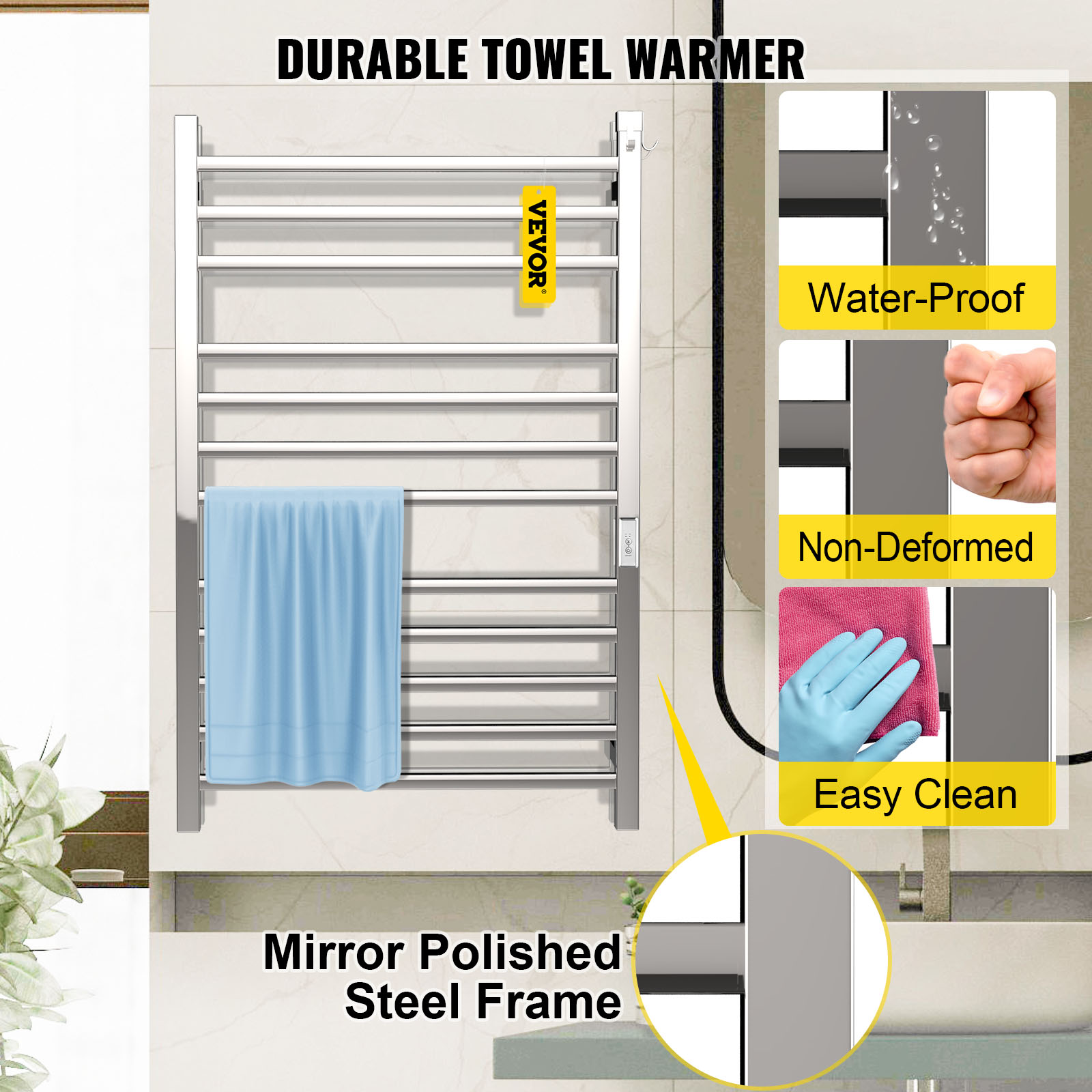 VEVOR Heated Towel Rack, 12 Bars Design, Mirror Polished Stainless Steel Electric Towel Warmer with Built-in Timer, Wall-Mounted for Bathroom, Plug-in/Hardwired, UL Certificated, Silver